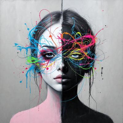 The primary subject of the image is a woman with a black and white face, painted with a mix of colors. She is surrounded by a variety of colors, creating a vibrant and lively atmosphere. The setting is a wall, and the visual style appears to be a combination of digital art and illustration. The colors and mood of the image are energetic and dynamic, with the woman's face being the focal point of the artwork.